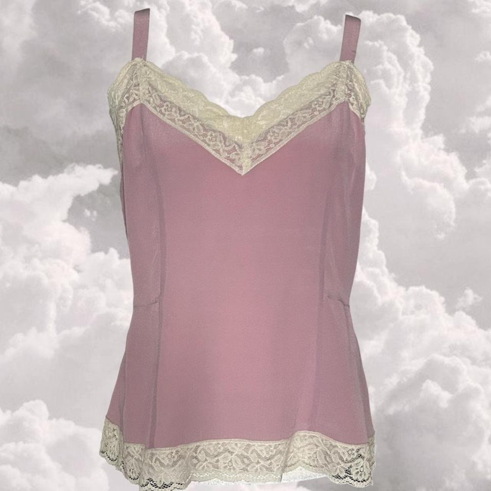vintage designer silk and lace trim pink lightweight euro summer tank top